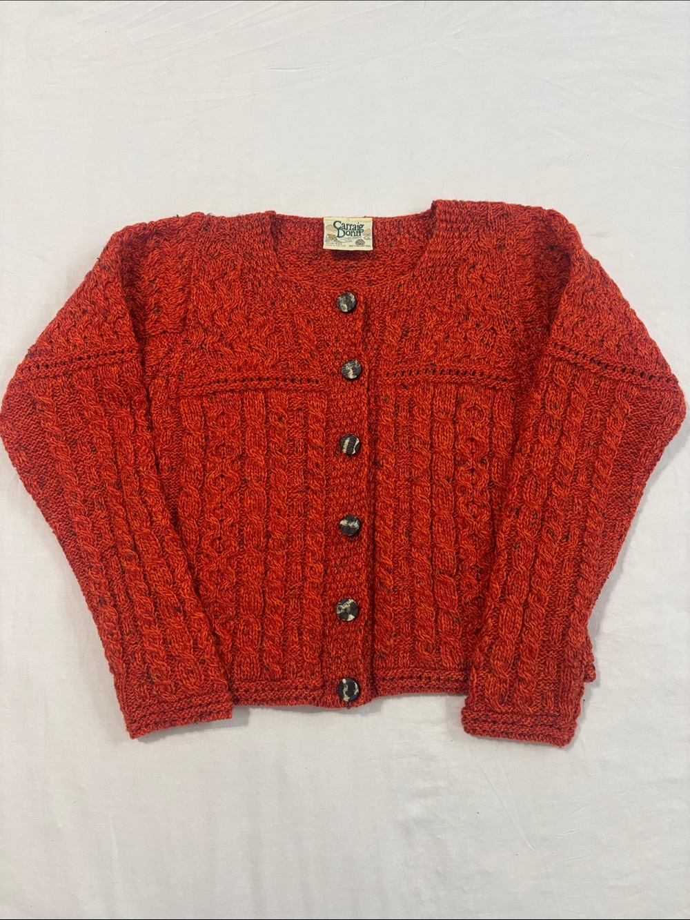 Carraig Donn Vintage Orange 100% Pure New Wool Button Up Sweater